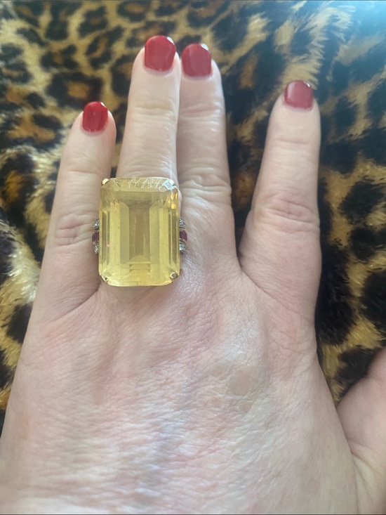 Estate Jewelry - Estate yellow topaz Emerald-Cut with ruby and diamonds.